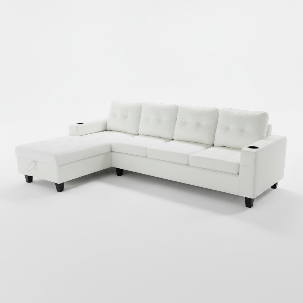 White PU Sectional Sofa with Cup Holder 2218