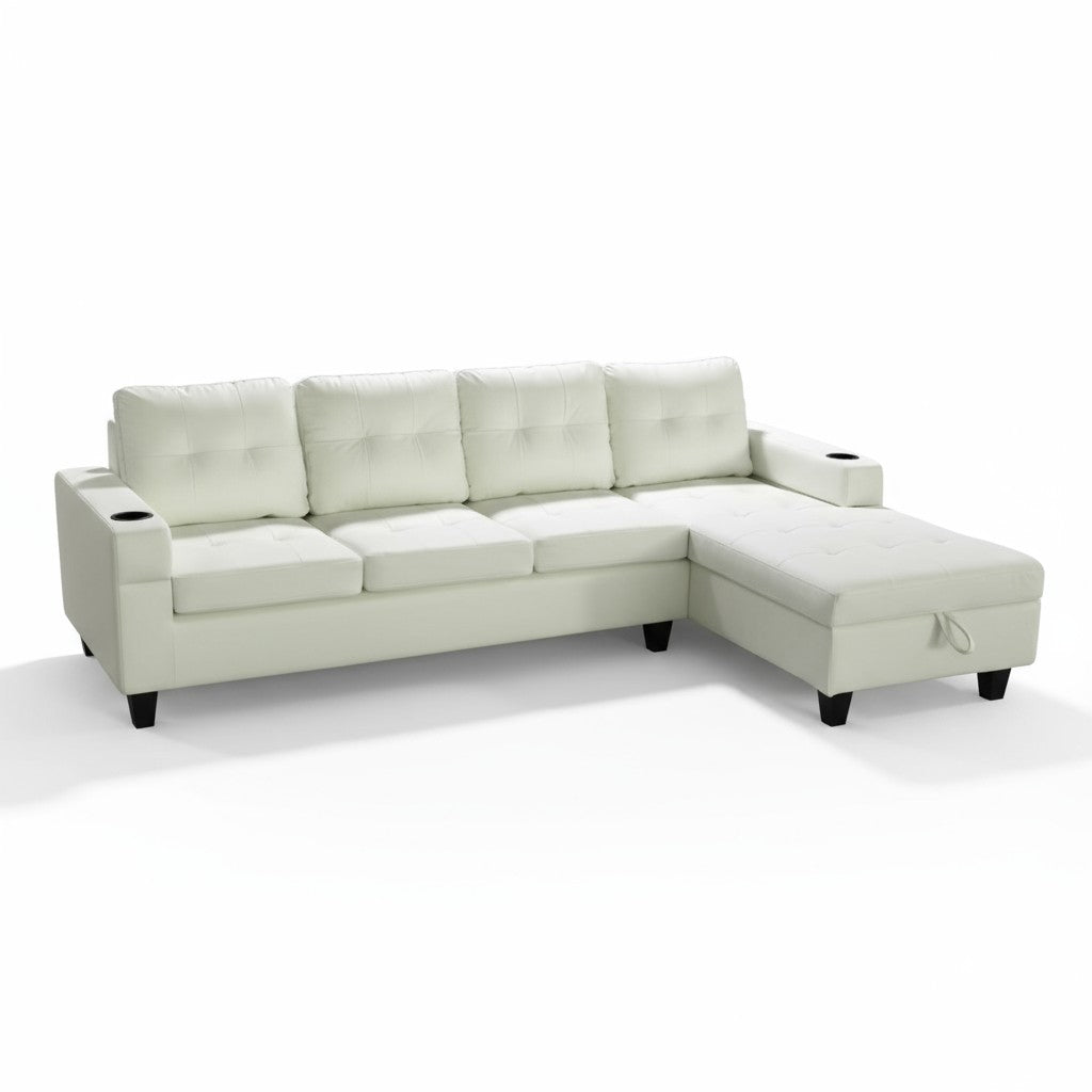 White PU Sectional Sofa with Cup Holder 2218