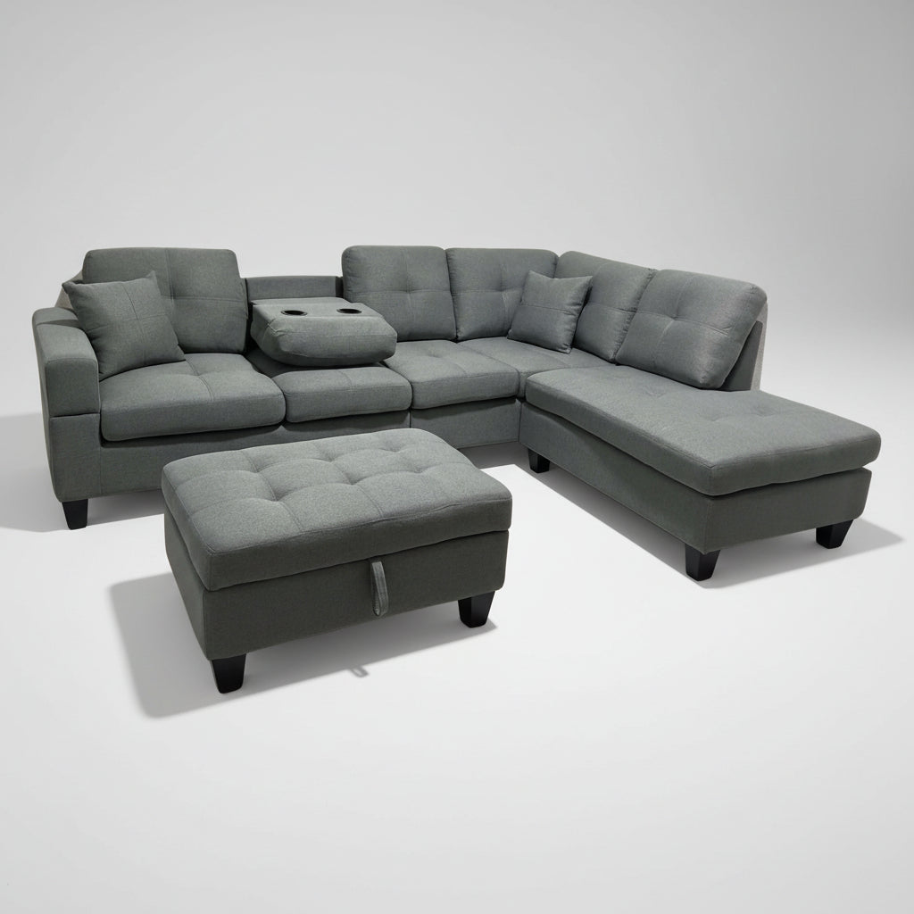 Grey Reversible Sectional Sofa with Drop Down Tray & Stoage Ottoman2401