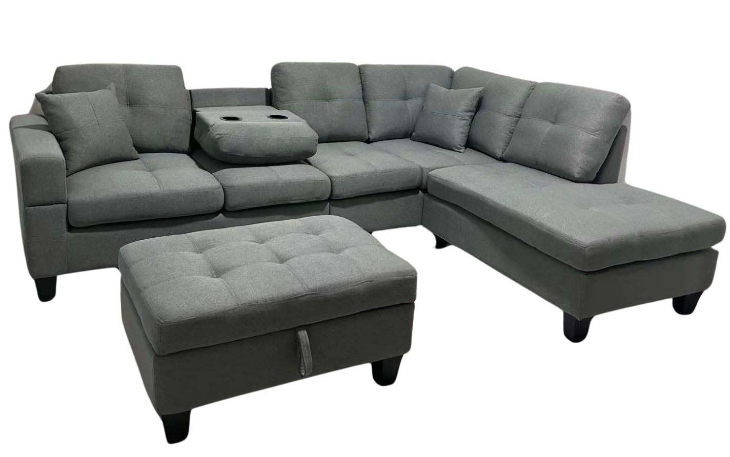 Grey Reversible Sectional Sofa with Drop Down Tray & Stoage Ottoman2401