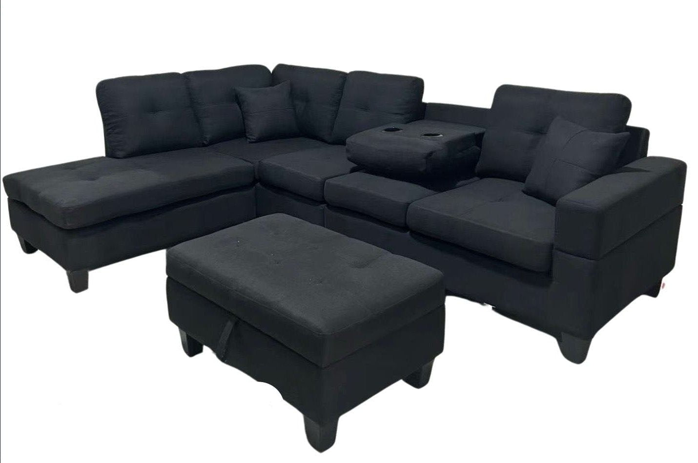 Black Reversible Sectional Sofa with Drop Down Tray & Storage Ottoman 2401