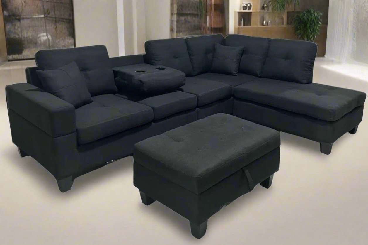 Black Reversible Sectional Sofa with Drop Down Tray & Storage Ottoman 2401