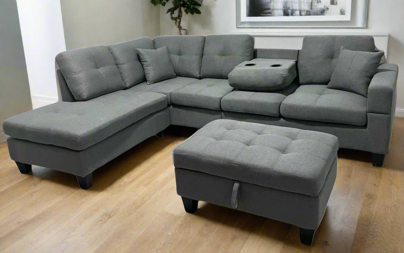 Grey Reversible Sectional Sofa with Drop Down Tray & Stoage Ottoman2401