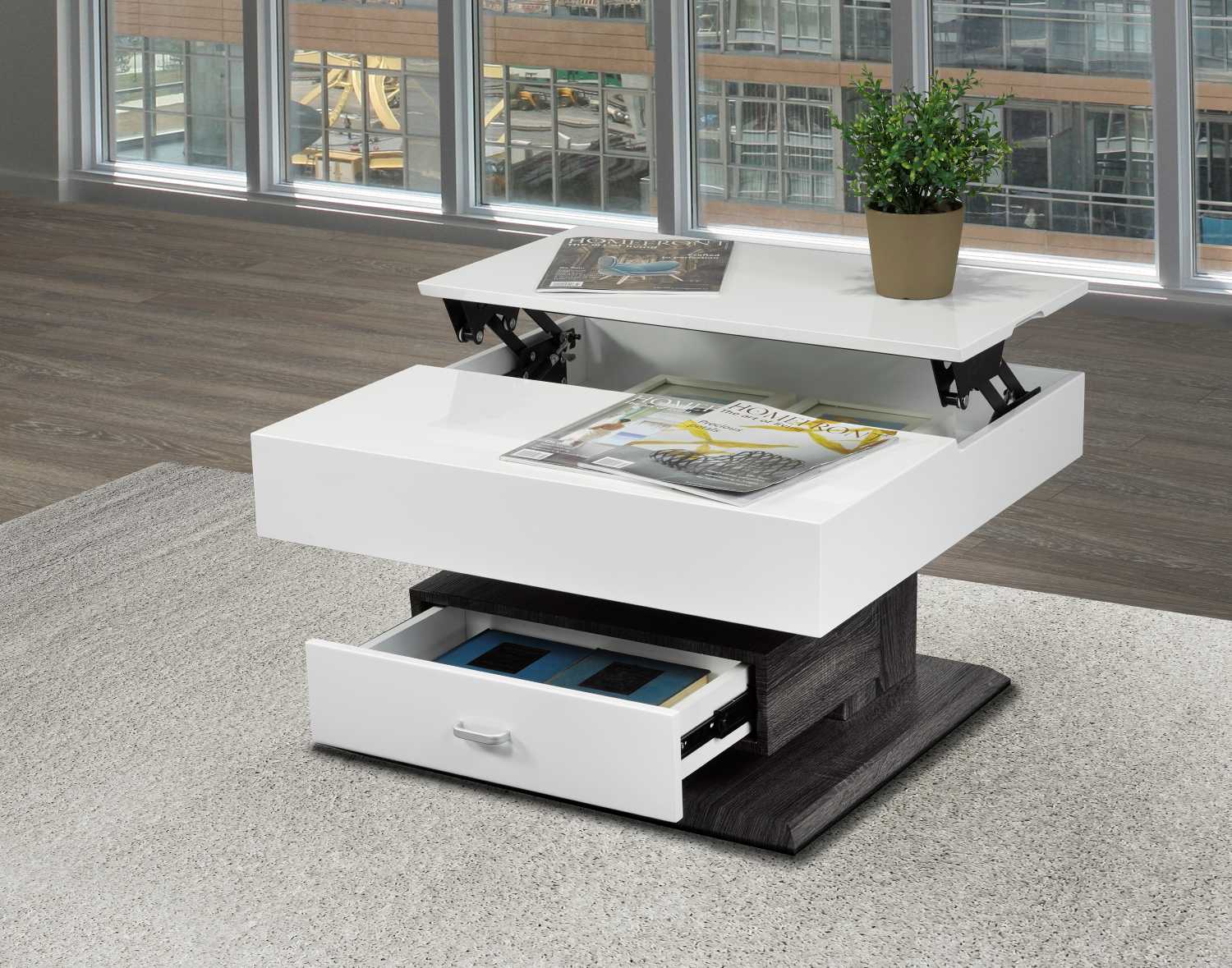 White & Grey Lacquer 360 Degree Rotating Coffee Table with Drawers 226-02