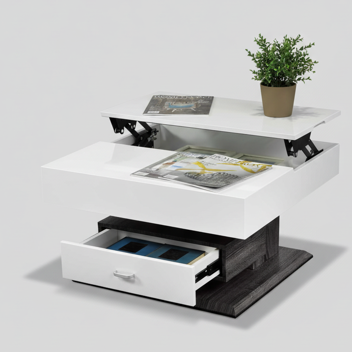 Modern coffee table with storage compartments on a white background
