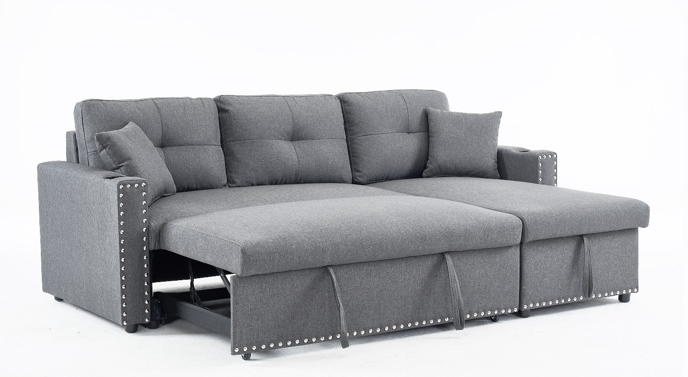 Reversible Grey Pull Out Sectional Sofa Bed With Storage Chaise & Cup Holder 4788