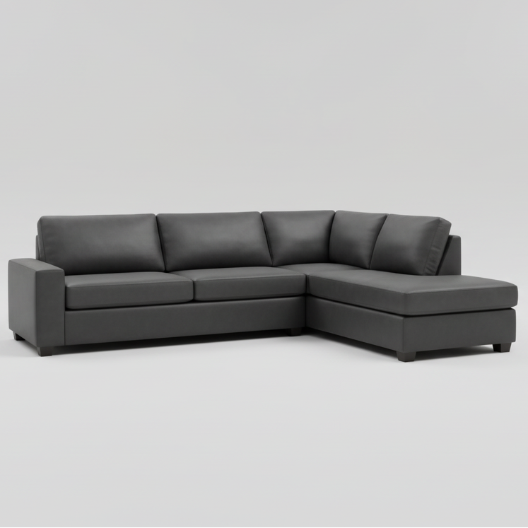 Modern living room with a black leather sectional sofa, large windows, and a plant.