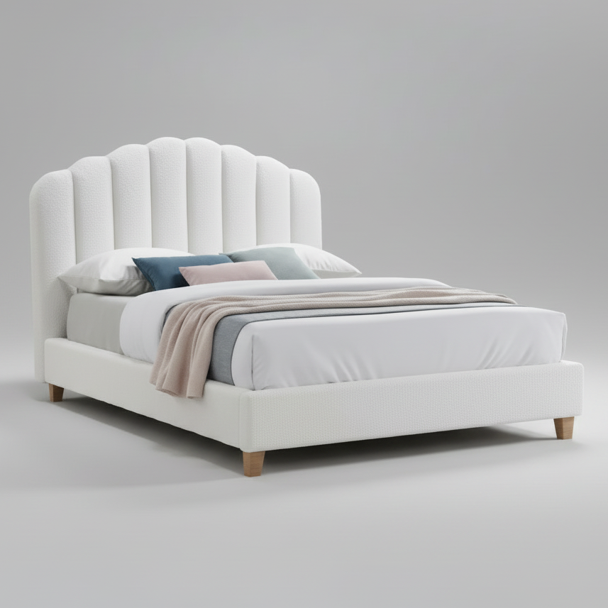 White upholstered bed with a tufted headboard on a gray background