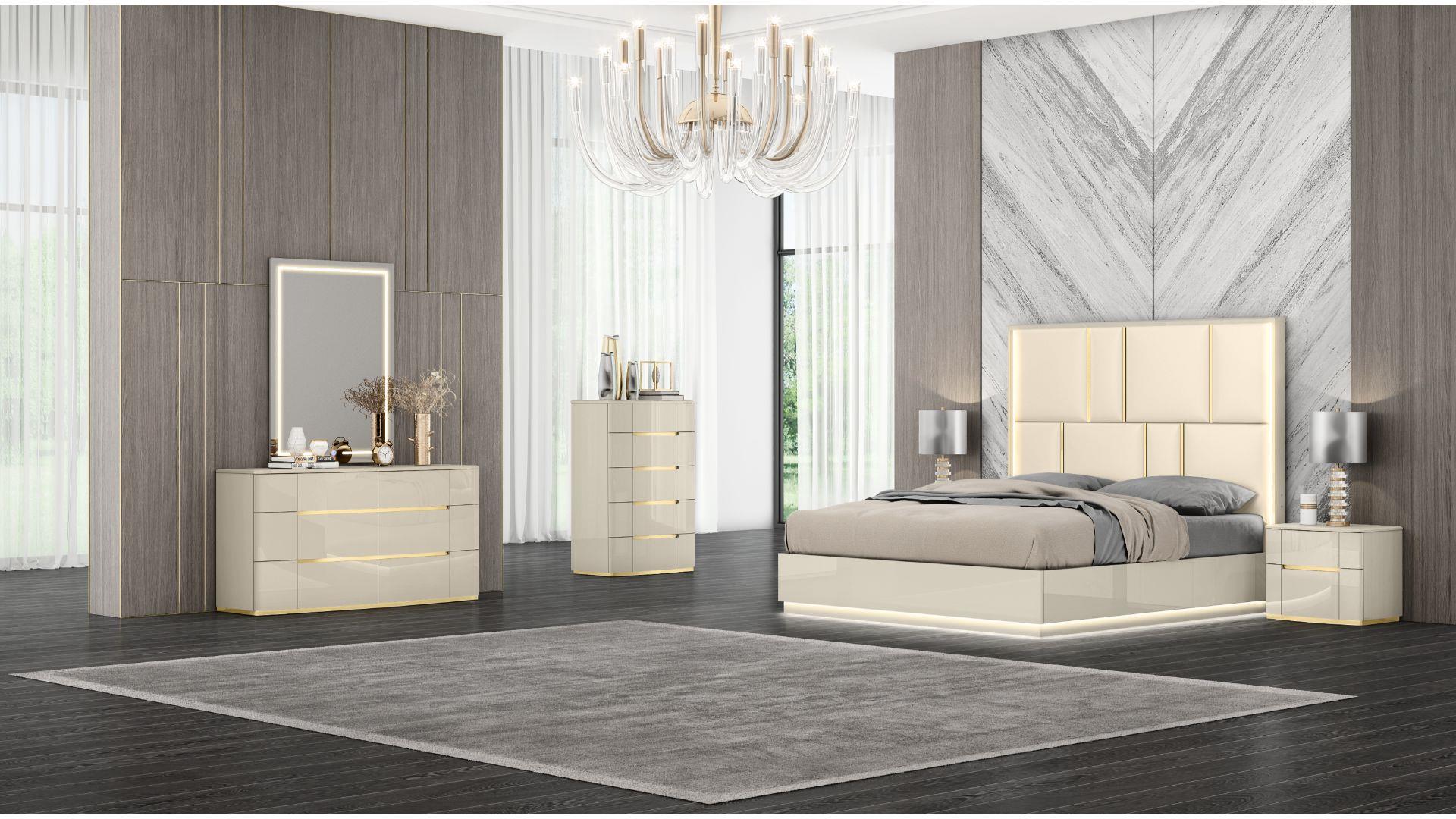 Sienna Beige Lacquer Hydraulic Lift 6PC Bedroom Set With LED Headboard 1491