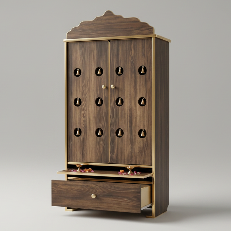 Wooden cabinet with decorative elements on a gray background