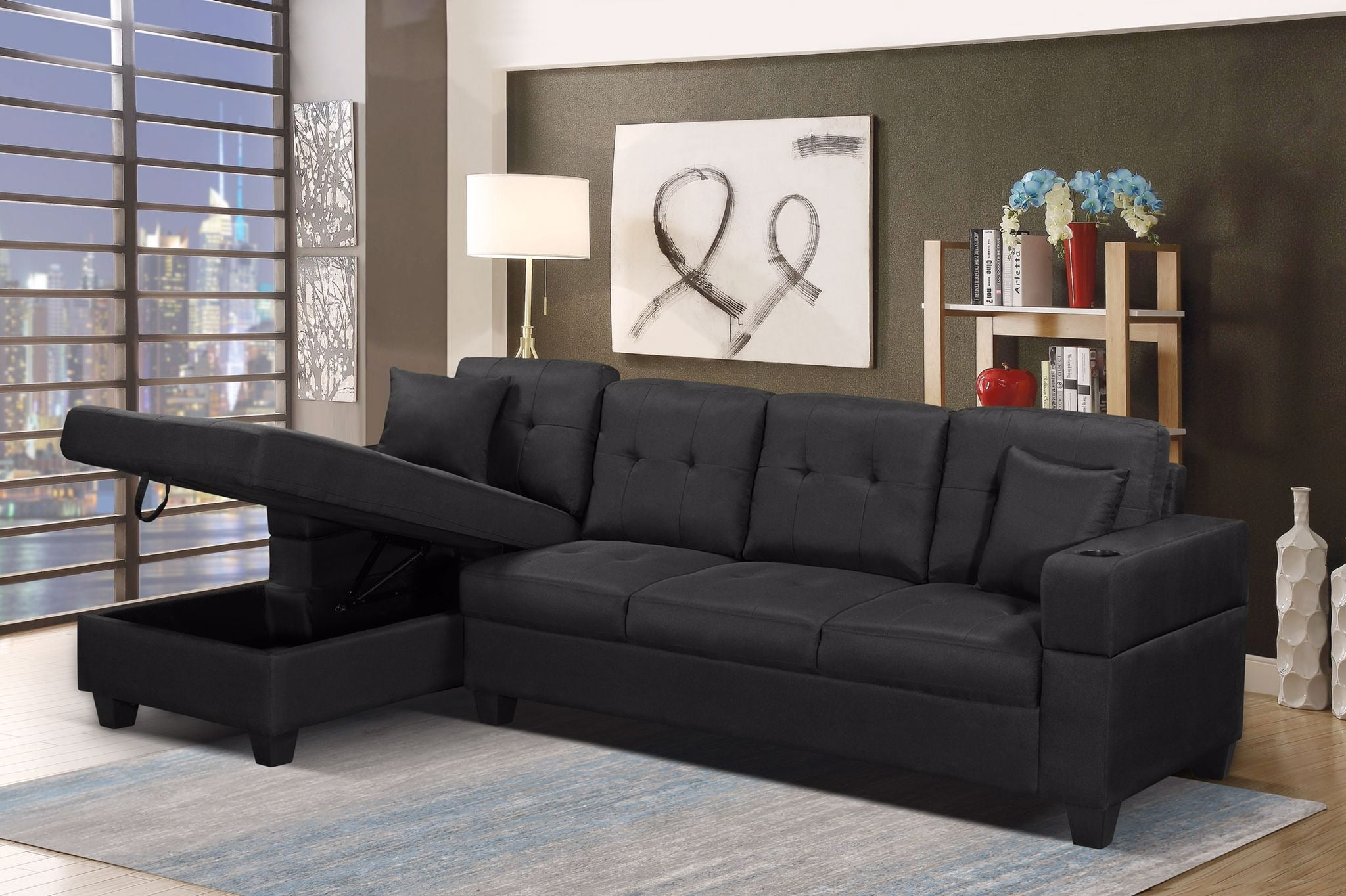 Black Fabric Sectional Sofa With Storage 1839