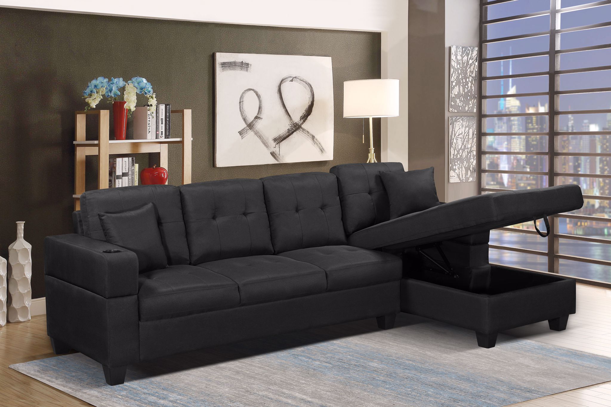 Black Fabric Sectional Sofa With Storage 1839