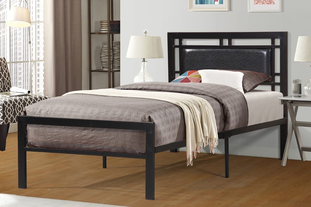 Black Metal Platform Bed with Leather Headboard T2201