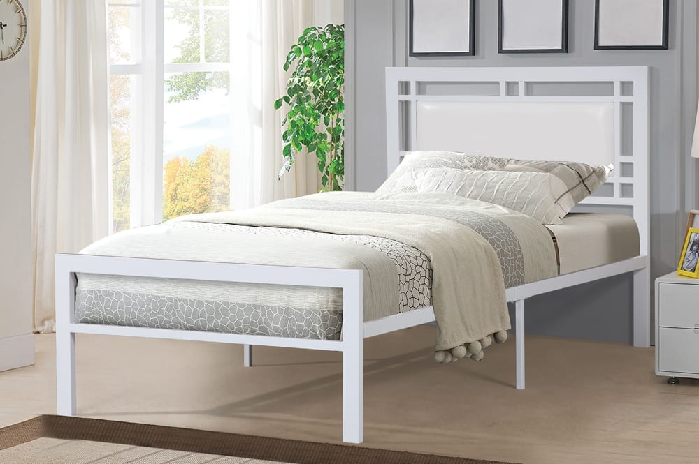 White Metal Platform Bed with Leather Headboard T2201
