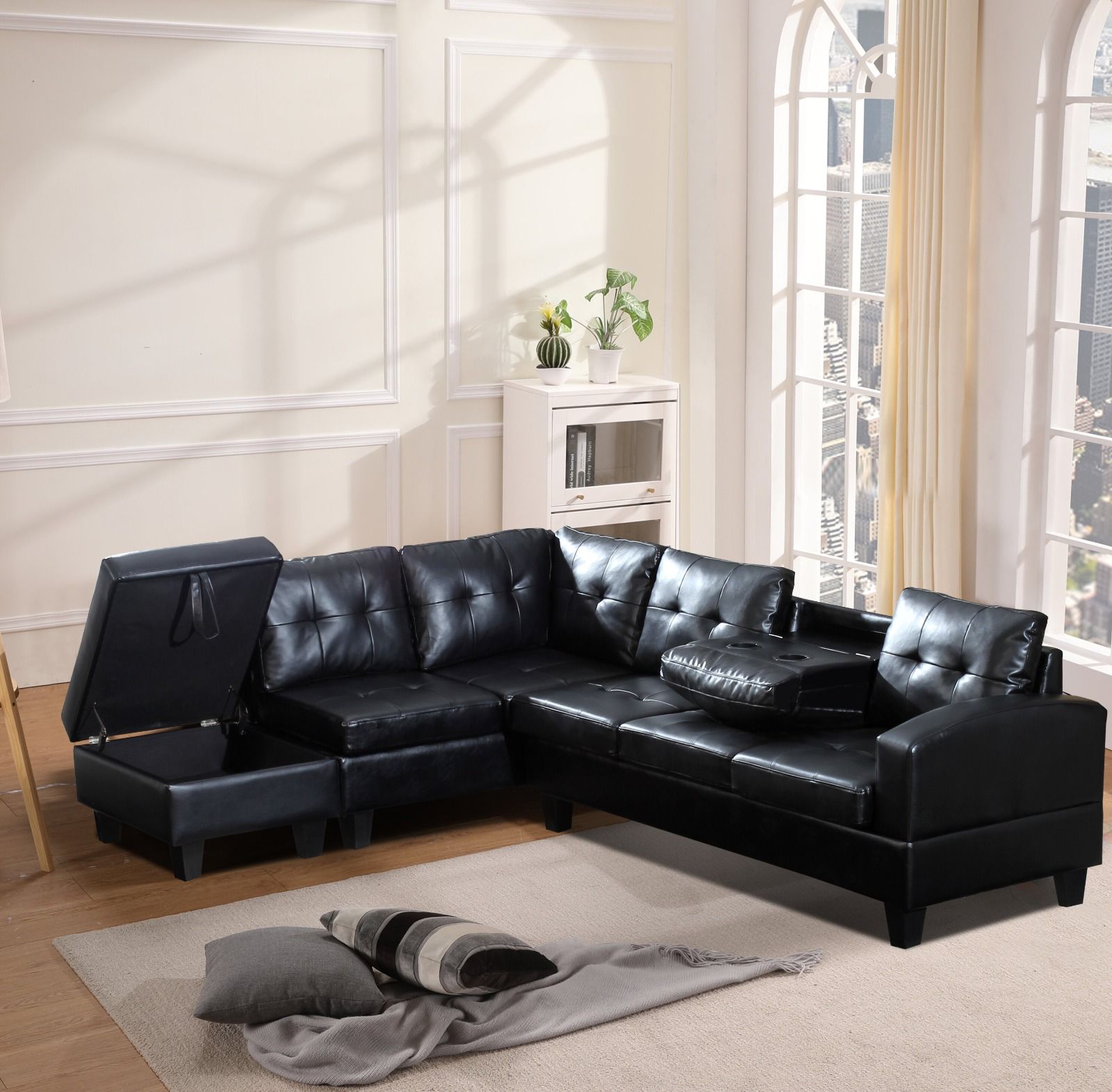 Reversible Gel Leather Sectional Sofa in Black 2212
