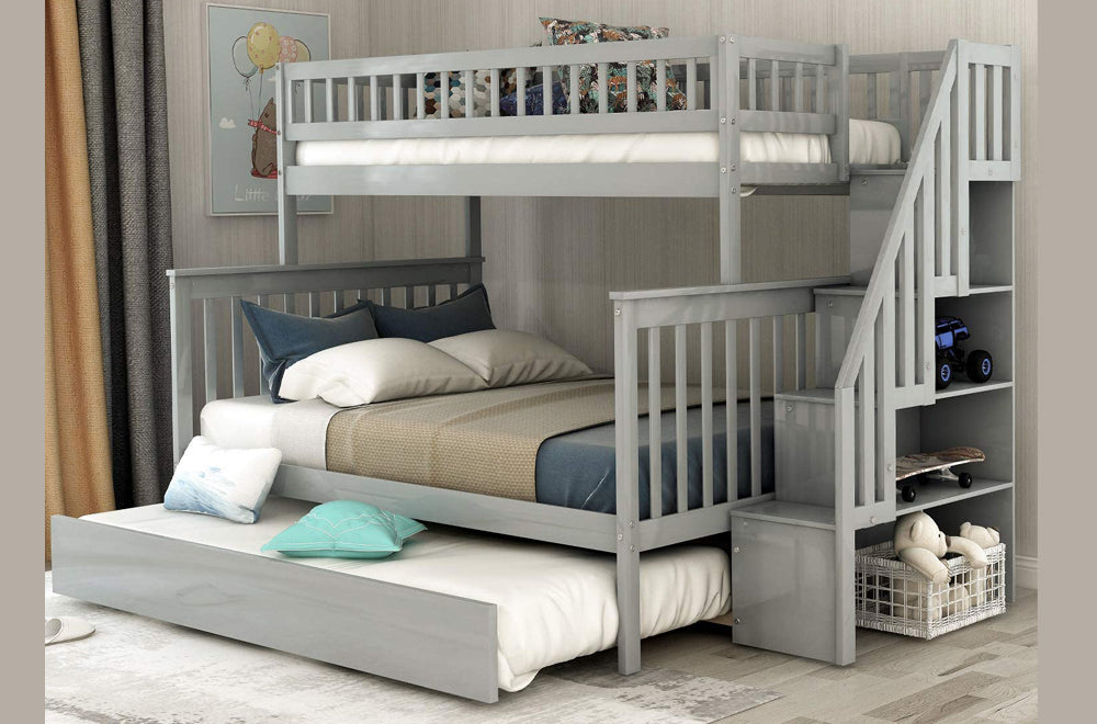 39"/54" Storage Bunk Bed With Trundle Grey 2594