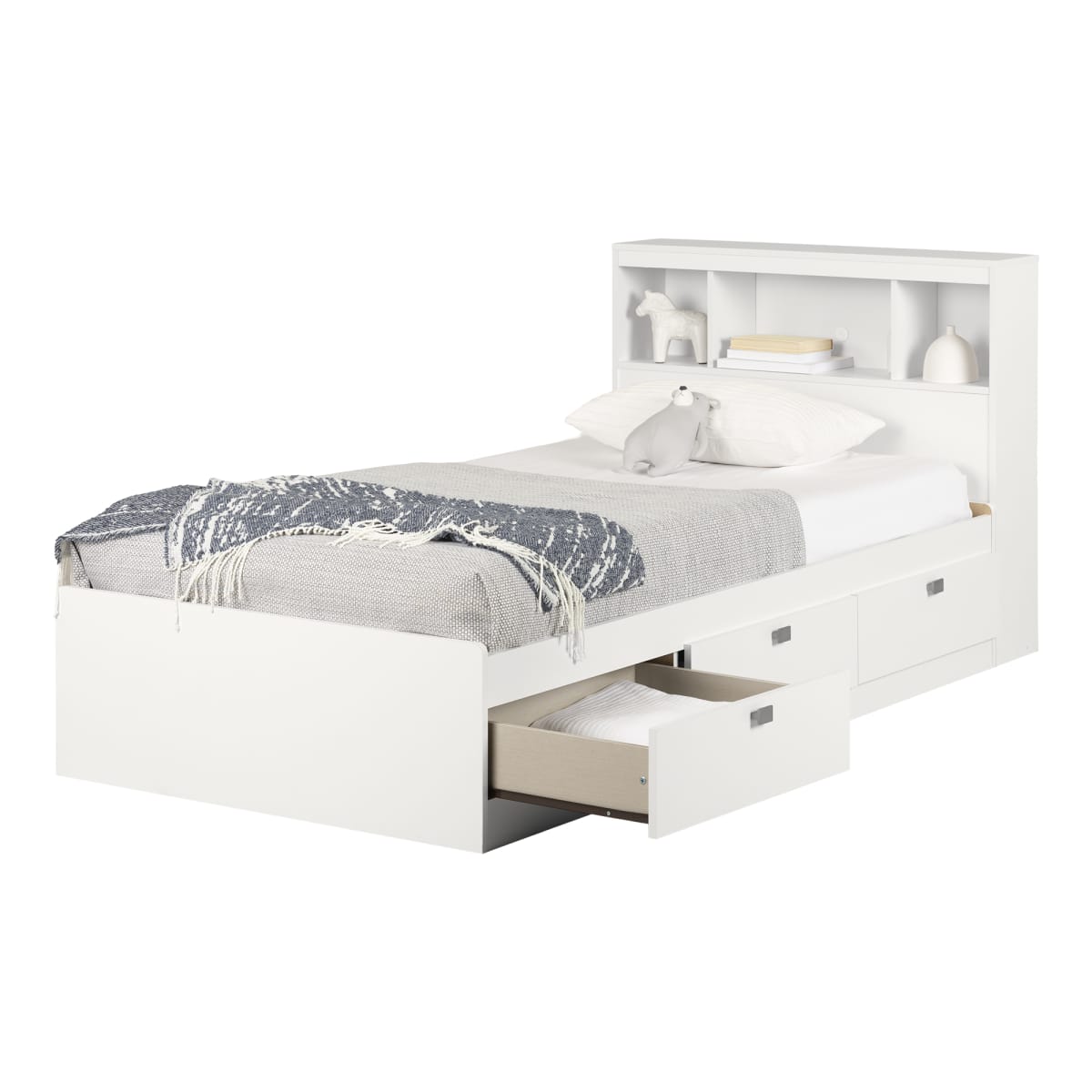 Single Bed with Bookcase Headboard - White #A7