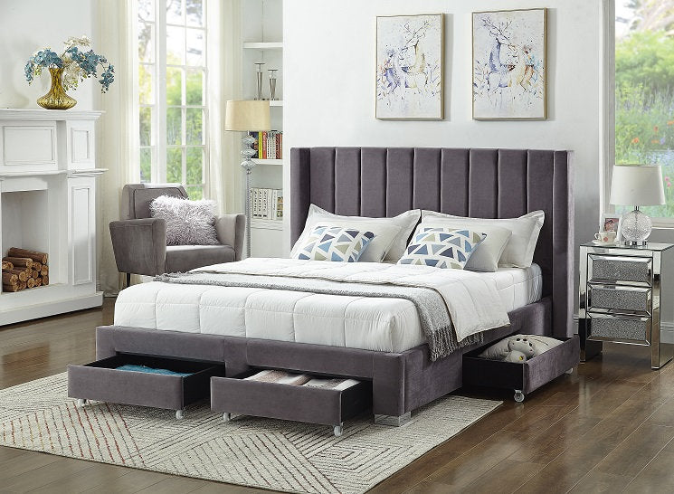 Grey Velvet Fabric Wing Bed 5310