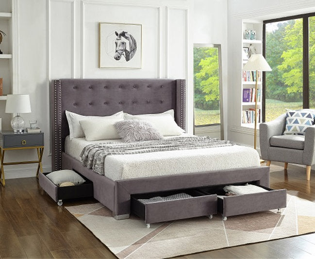 Grey Velvet Fabric Wing Bed with Nailhead 5320