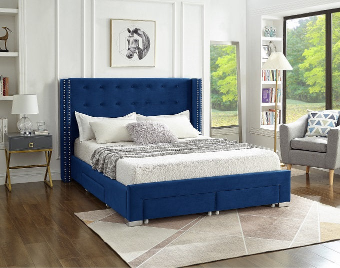 Blue Velvet Fabric Wing Bed with Nailhead 5321