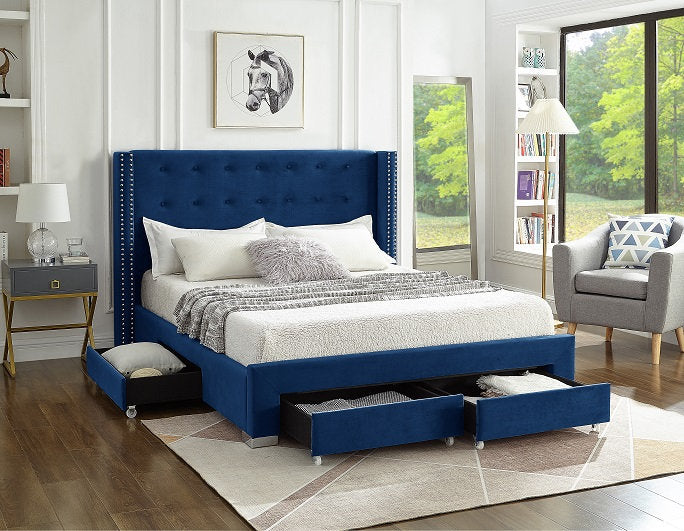 Blue Velvet Fabric Wing Bed with Nailhead 5321