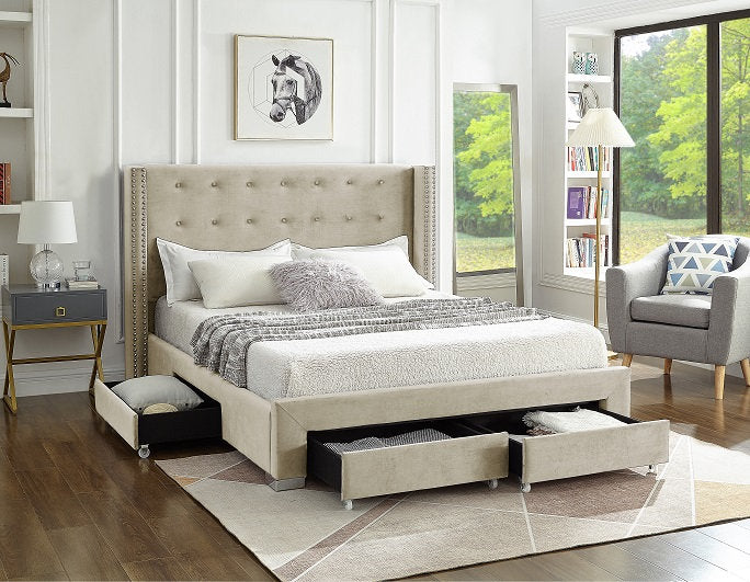 Creme Velvet Fabric Wing Bed with Nailhead 5322