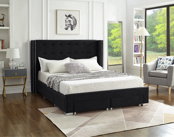 Black Velvet Fabric Wing Bed with Nailhead 5323