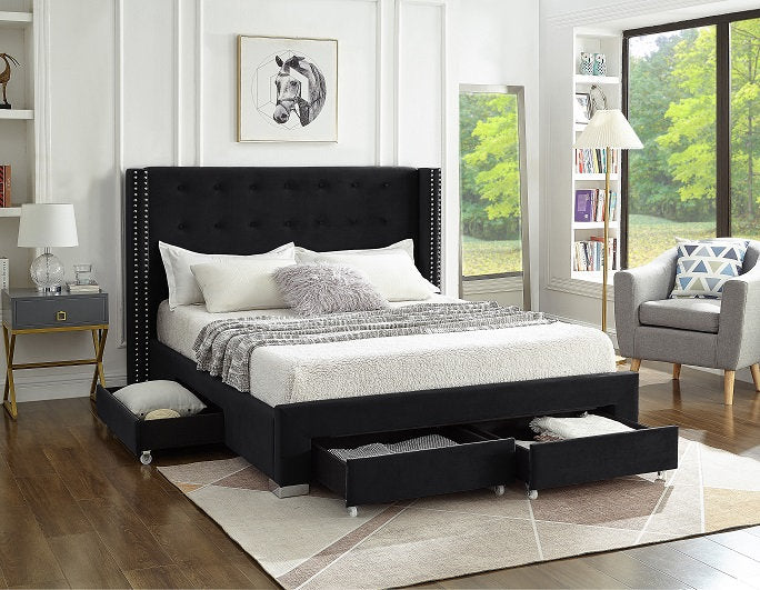 Black Velvet Fabric Wing Bed with Nailhead 5323