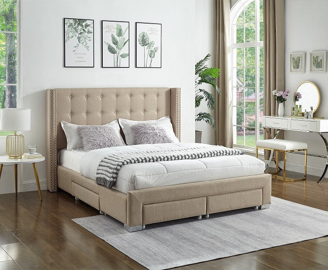 King Beige Fabric Wing Bed with Nailhead 5328