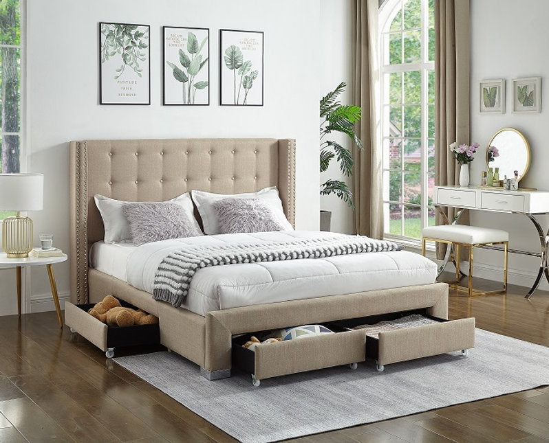King Beige Fabric Wing Bed with Nailhead 5328