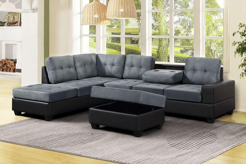 Roma Sectional Sofa with Ottoman - Black & Grey