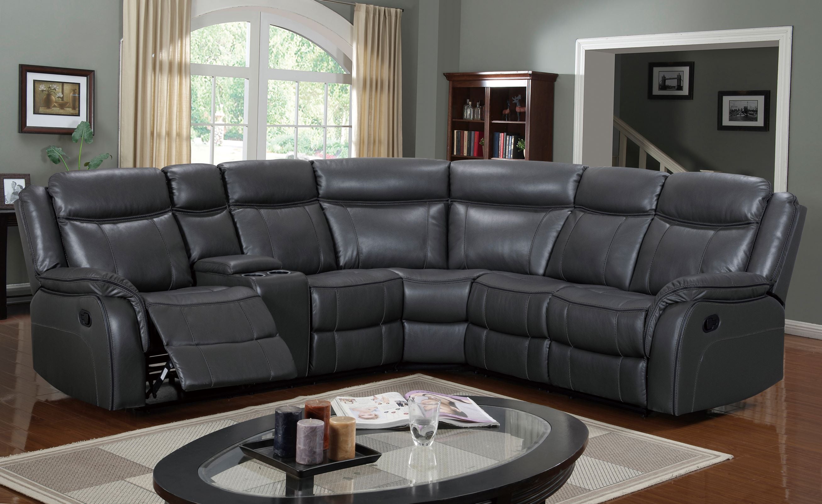 Neoma Manual Recliner Sectional Sofa Grey Gel Leather 70220