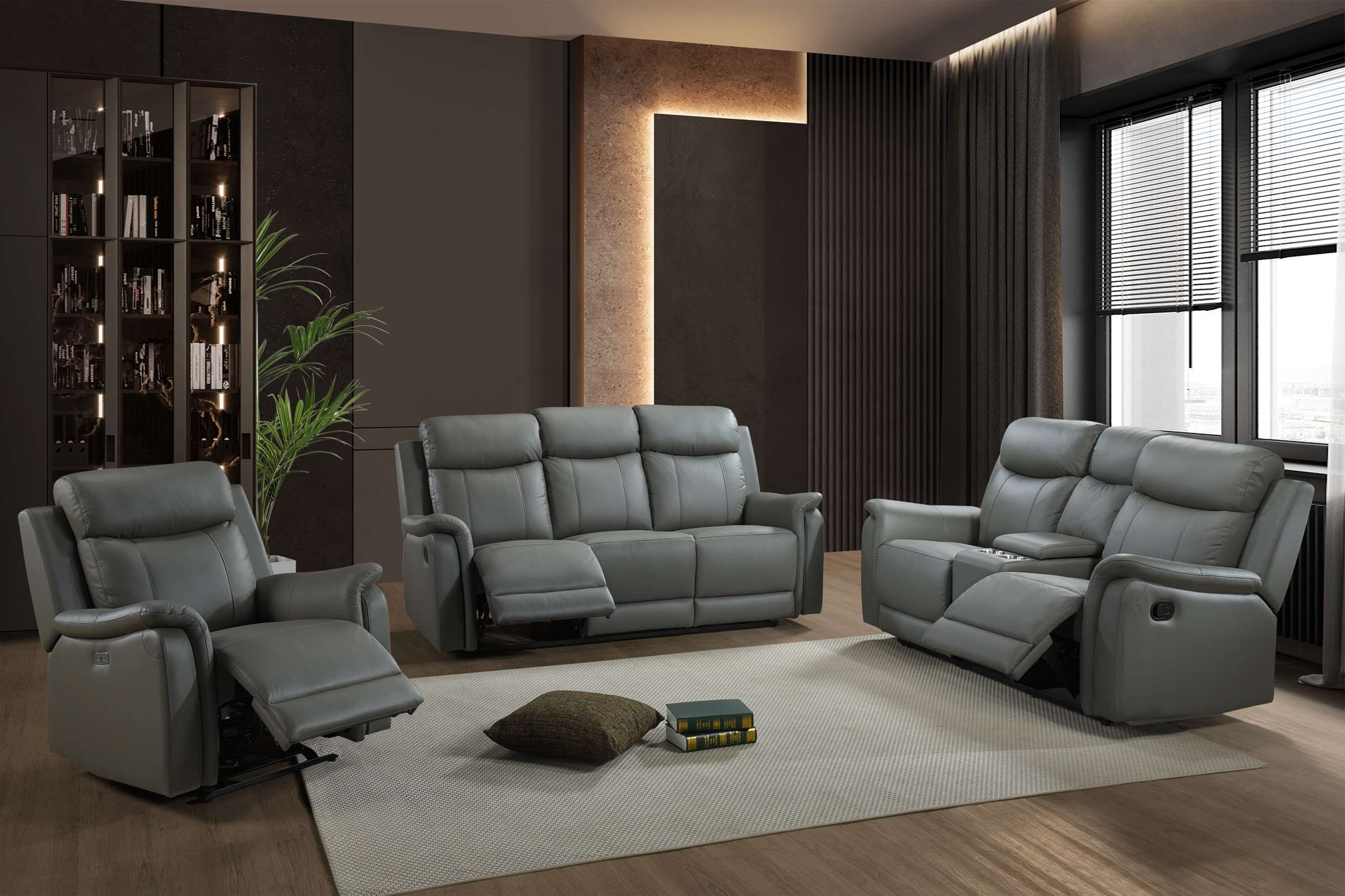 Grey leather online recliner sofa set