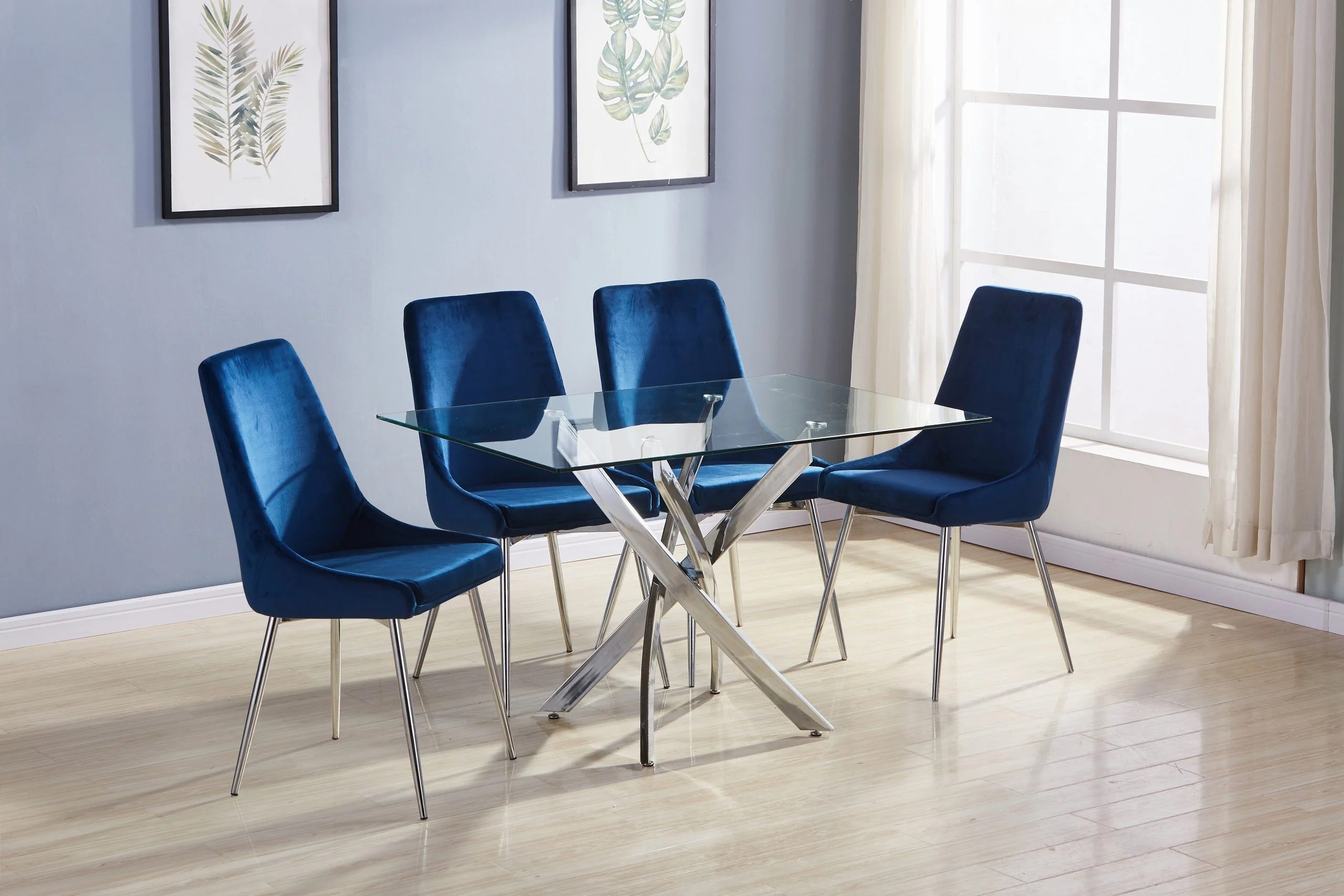 Rectangle Chrome Leg Dining Table with 4 Blue Chairs