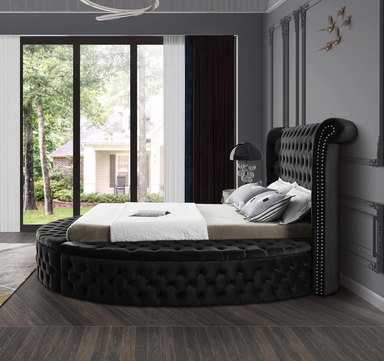 Black velvet bed with shop storage