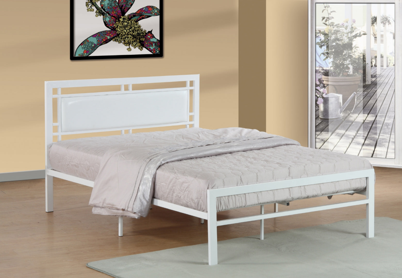White Metal Bed With White PU Headboard 141