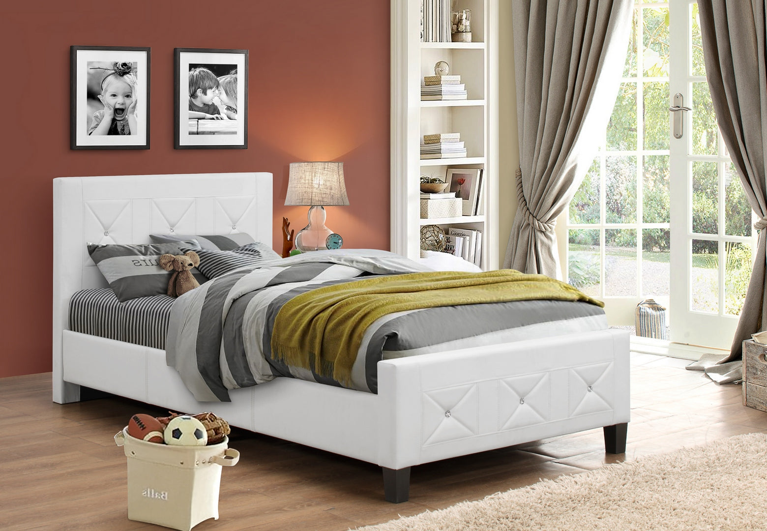 White PU Bed with Jewels Single/ Double / Queen 178