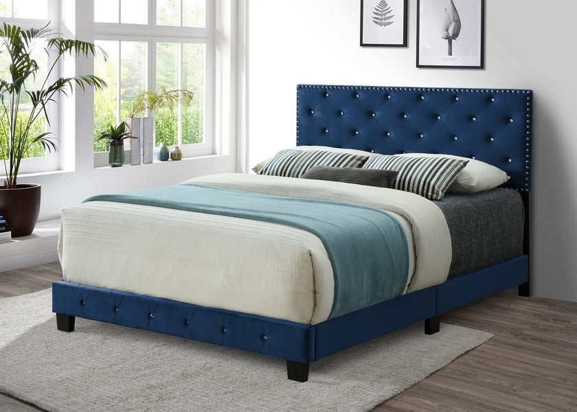 Blue Velvet Bed with Nailhead - 5652