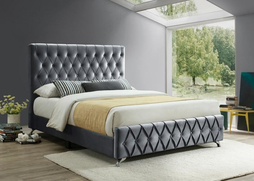 Grey Velvet Bed with Diamond Pattern 5670