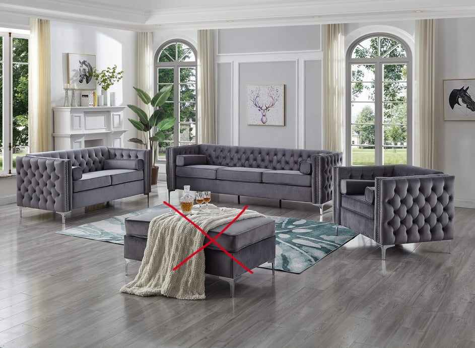 Velvet Fabric Sofa Set with Depp Tufting in Grey 8006