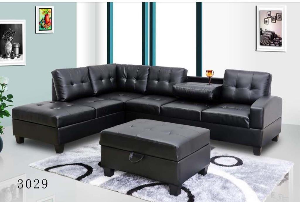 Roma Reversible Sectional Sofa with Ottoman - Black PU