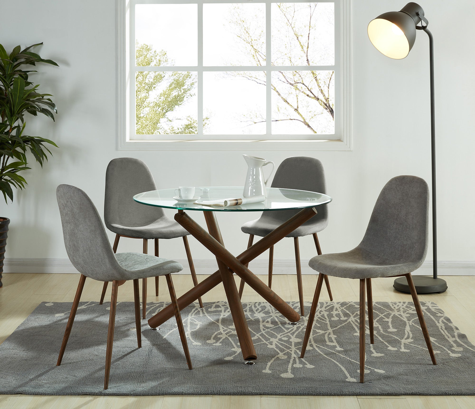 Rocca/Lyna 5pc Dining Set in Walnut with Grey Chair 207-264/250GY