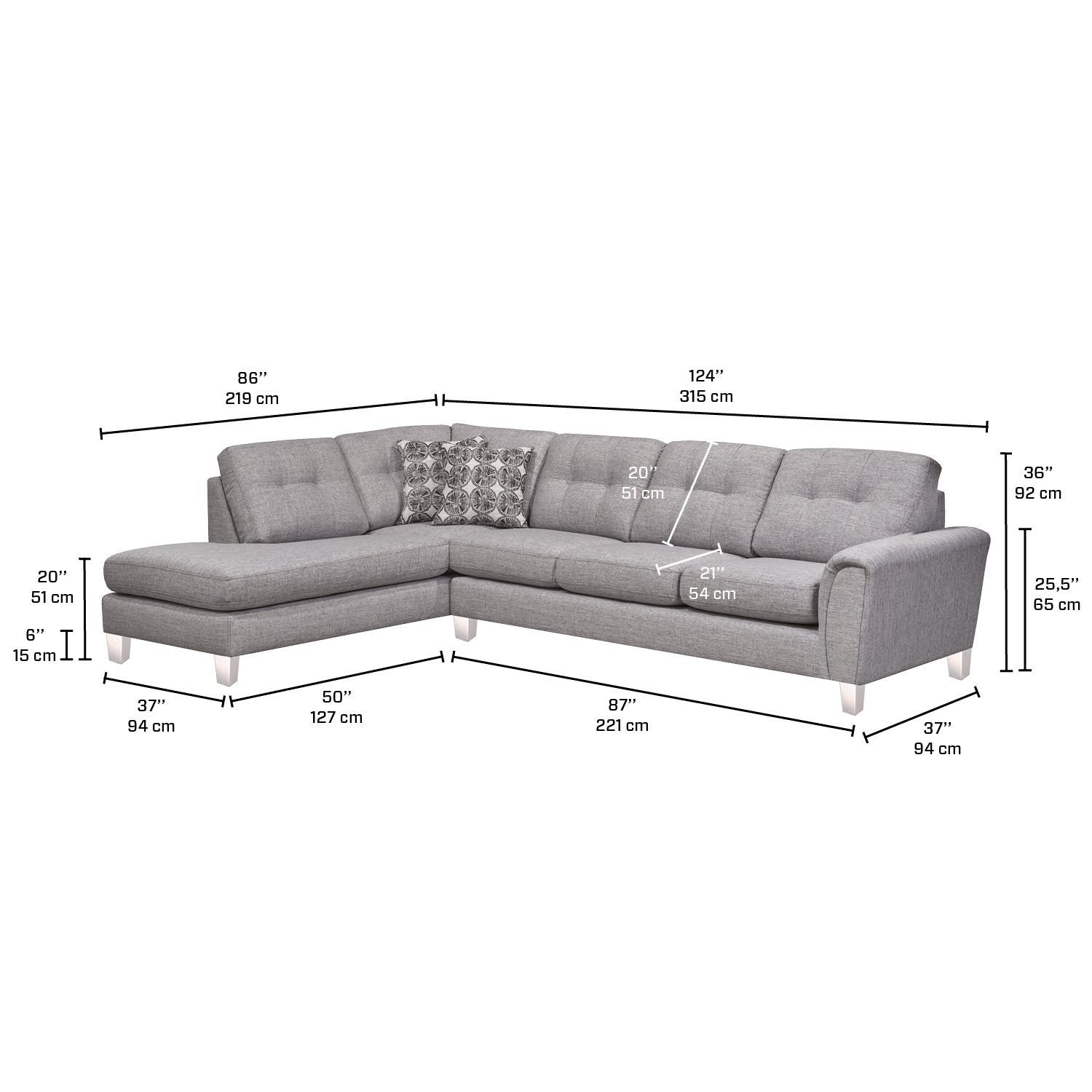 Canadian Made Jaden Collection Fabric Sectional Sofa in Grey 9825