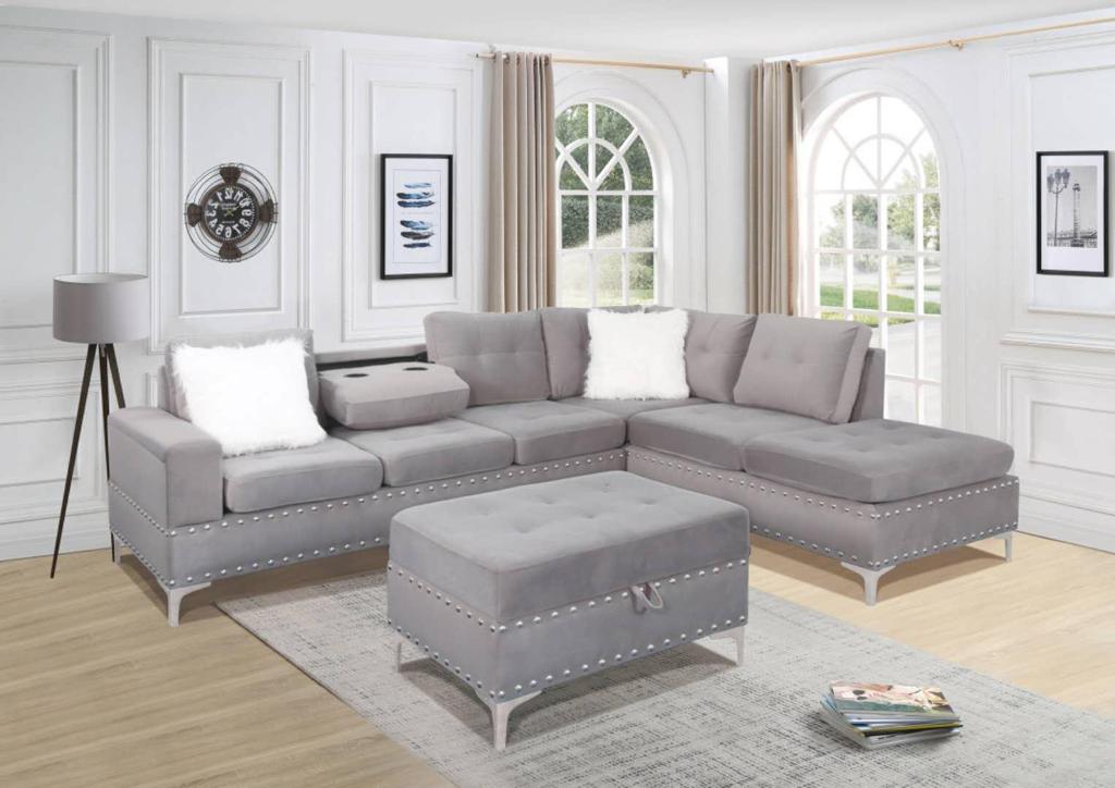 Ivy Reversible Velvet Fabric Sectional Sofa with Ottoman - Grey