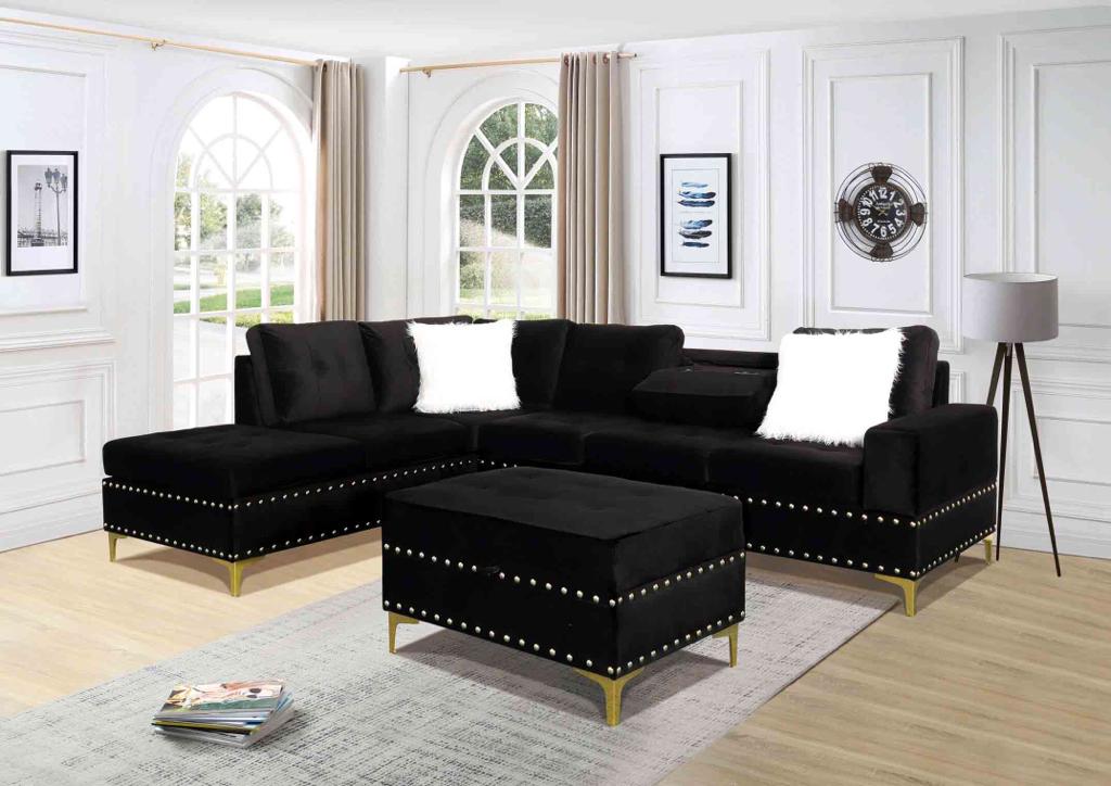Ivy Sectional Sofa with Ottoman - Black
