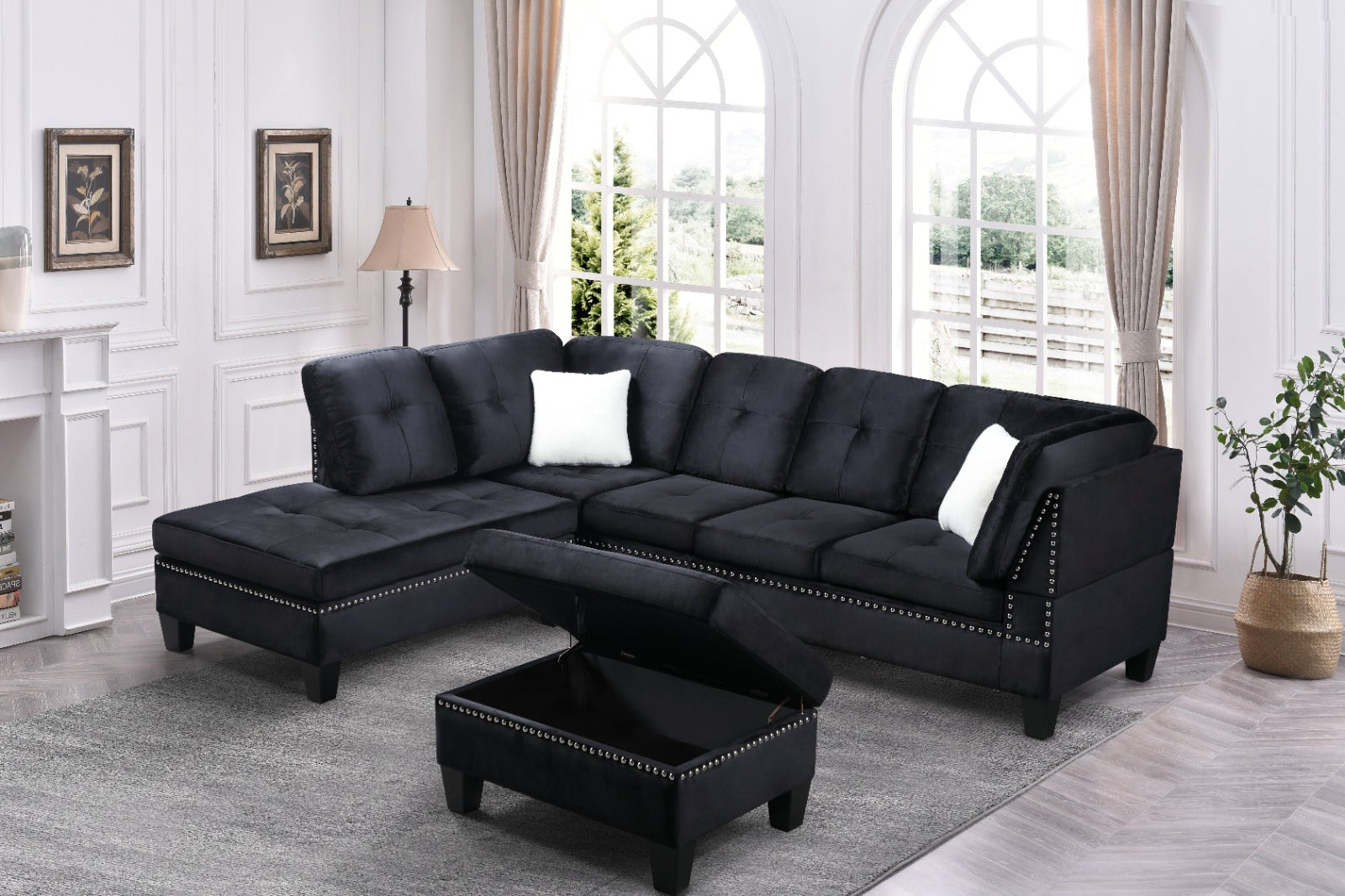 black velvet sectional sofa with ottoman 2