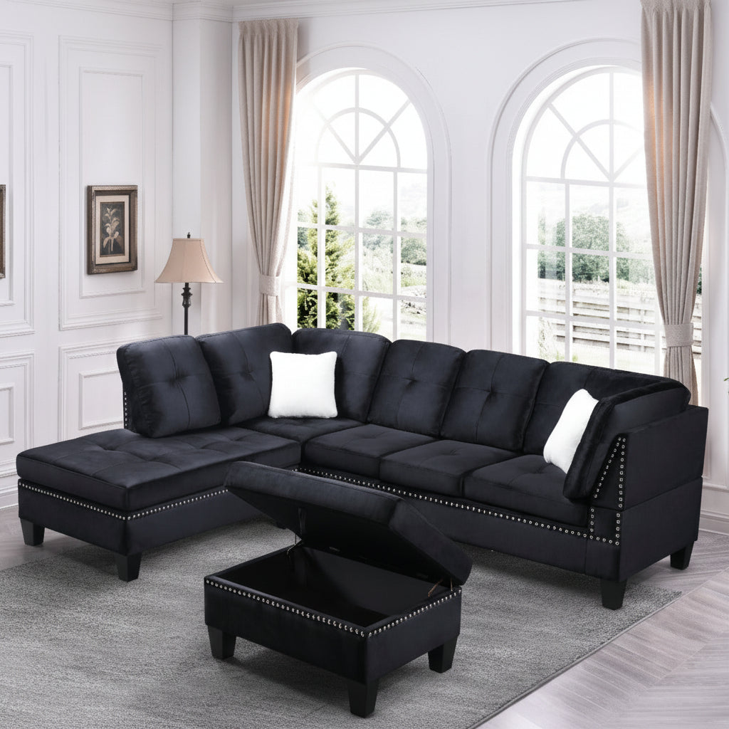 black velvet sectional sofa with ottoman 2