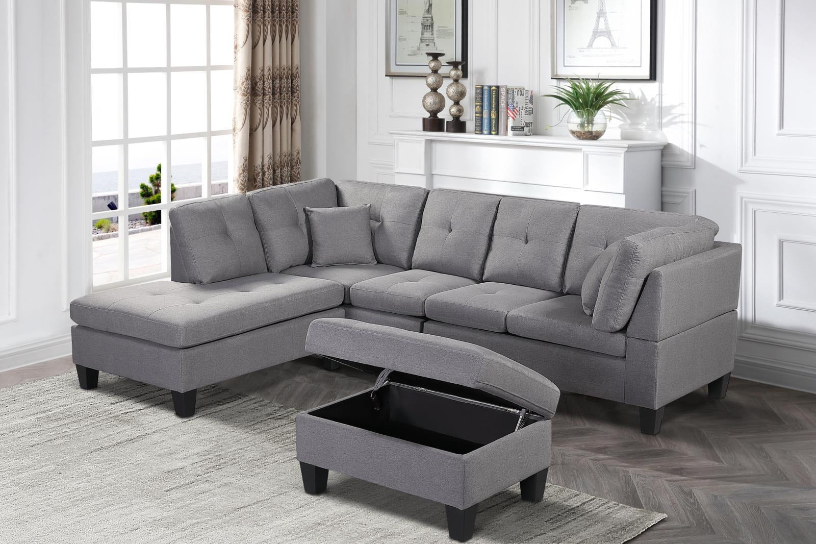 Reversible Sectional Sofa with Ottoman in Grey 1012