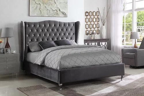 Grey Velvet Fabric Bed IF 5520