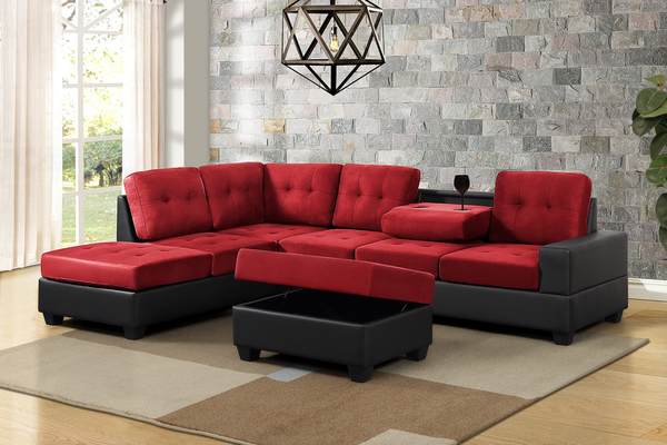 Roma Sectional Sofa with Ottoman - Black & Red